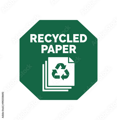Flat vector octagon badge solid deep forest green octagon background RECYCLED PAPER simple white recycle paper