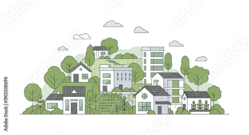 Modern Eco-Friendly Houses on Green Hillside, Sustainable Living Concept