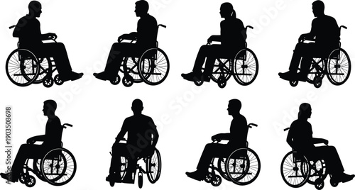 Wheelchair user silhouettes set showing disabled people mobility, accessibility, independence, rehabilitation, and inclusive healthcare support concepts isolated on white background