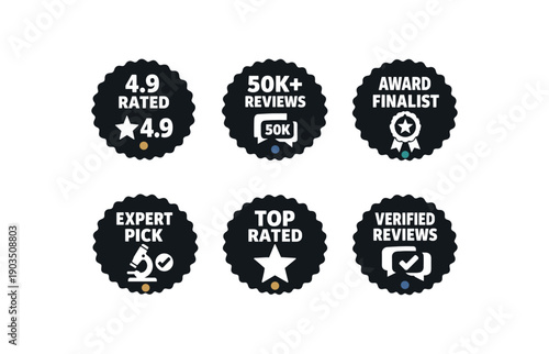 six separate flat vector seal stamp badges each badge solid black scalloped edge circle with and simple white pictogram below tiny muted dot accent (gold navy teal silver gray) evenly