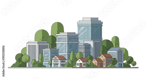 Modern Cityscape with Residential Homes and Green Trees, Flat Design Illustration
