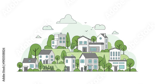 Charming modern village illustration with diverse houses and green trees on rolling hills
