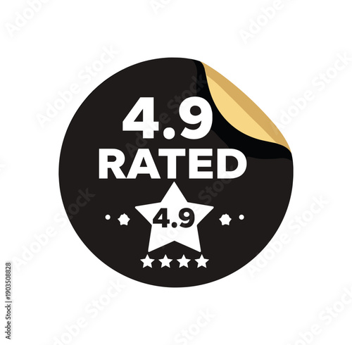 Flat vector sticker peel badge solid black sticker with peeled corner muted gold 4.9 RATED simple white with 4.9