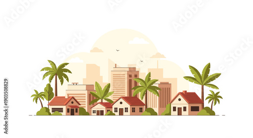 Vibrant Cityscape with Palm Trees and Houses: Urban Oasis Illustration