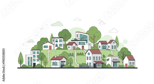 Charming suburban neighborhood with modern and traditional houses nestled on a green hill.