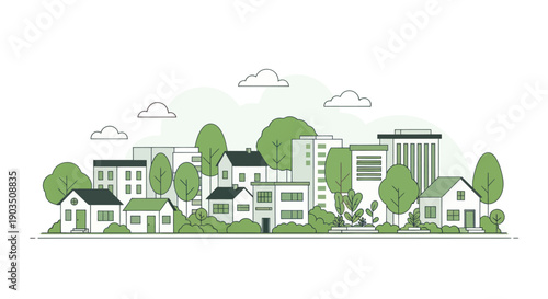 Modern Cityscape Eco-friendly Green Buildings with Trees and Clouds