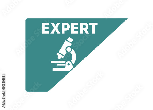 Flat vector corner callout sticker EXPERT simple white microscope pictogram centered within triangle