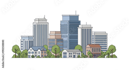 Flat illustration of a city skyline with modern skyscrapers and suburban houses.