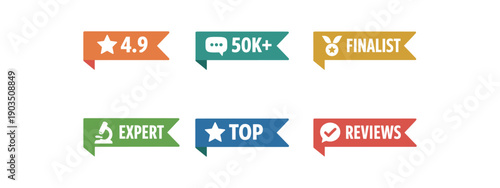 six separate flat vector corner callout stickers each badge triangle label with and simple white pictogram evenly spaced texts/: 4.9 icon 50K+ chat icon FINALIST medal icon EXPERT