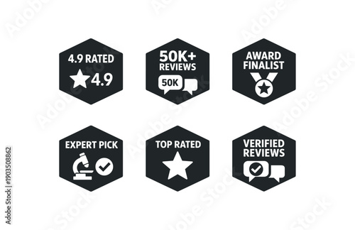 six separate flat vector hexagon badges each badge solid black hexagon with and simple white pictogram below evenly spaced texts/: 4.9 RATED 4.9 icon 50K+ REVIEWS chat 50K icon AWARD