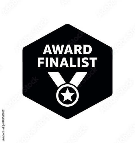 Flat vector hexagon badge solid black hexagon background AWARD FINALIST simple white medal with