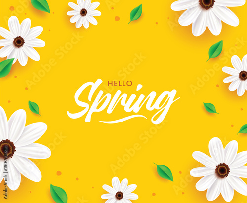 Hello Spring greeting banner featuring white daisies and green leaves arranged in a circular frame on a vibrant yellow background.