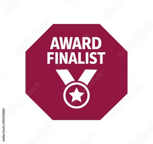 Flat vector octagon badge solid deep maroon octagon background AWARD FINALIST simple white medal with