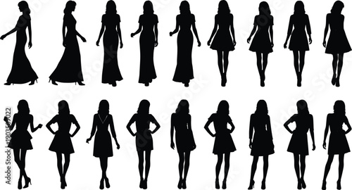 Women fashion silhouettes set featuring elegant female figures in dresses, stylish walking poses, modern clothing design, beauty, and glamour concepts isolated on white background