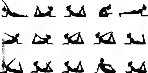 Yoga exercise silhouettes set showing stretching poses, flexibility training, core strength workouts, pilates movements, and wellness fitness routines isolated on white background