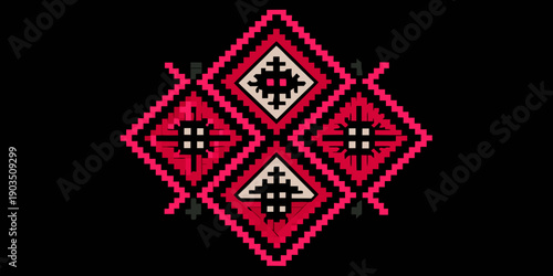 Traditional Hmong Ethnic Embroidery Pattern, Pink and Green Geometric Cross-Stitch on Black Canvas, Intricate Tribal Folk Art Embroidery, Symmetrical Geometric Needlework Texture on Black Aida Cloth.