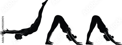 Yoga pose silhouettes sequence illustrating handstand transition and downward dog positions, balance training, flexibility practice, mindfulness fitness routine isolated on white background
