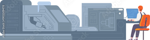 Operator control cnc machine. Industrial manufacture worker