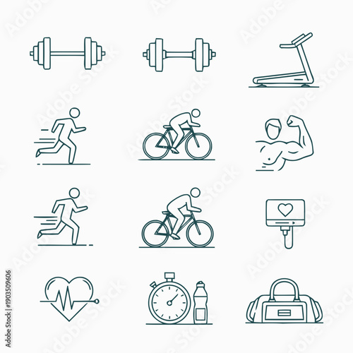 Collection of fitness icons representing various sports and exercises in a simple line art style
