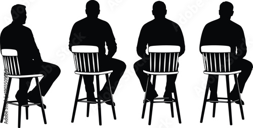 Men sitting on chairs silhouettes viewed from back and side, anonymous male figures seated for interview, discussion, or waiting concept isolated on white background