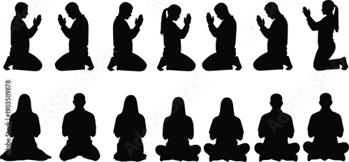 Men and women praying silhouettes kneeling with folded hands, spiritual devotion and religious worship poses isolated on white background
