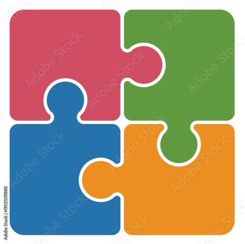 Jigsaw Puzzle Teamwork icon, flat vector illustration of four interlocking puzzle pieces, symbolizing cooperation, team effort, and project collaboration, isolated on white background, perfect for mob