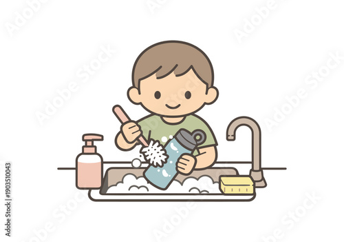 minimal stock vector icon flat clipart muted pastel colors low saturation low contrast simple geometric shapes clean edges consistent proportions minimal facial features child washing