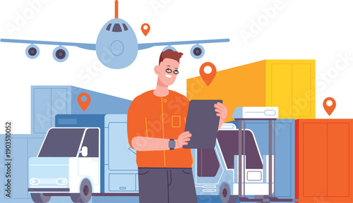 Global logistics. Air shipping. Marine cargo containers and delivery trucks