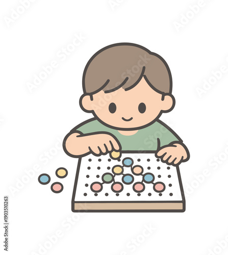 minimal stock vector icon flat clipart muted pastel colors low saturation low contrast simple geometric shapes clean edges consistent proportions minimal facial features kid placing pegs