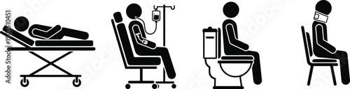 Patient Medical Care Icon Set Showing Hospital Bed IV Therapy Bathroom Use and Injury Recovery Stages for Healthcare Treatment Infographic UI UX and Clinical Design