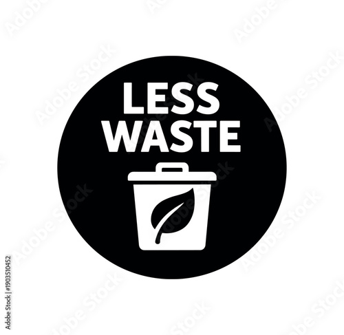 Flat vector badge LESS WASTE simple white trash bin with leaf scalable SVG look