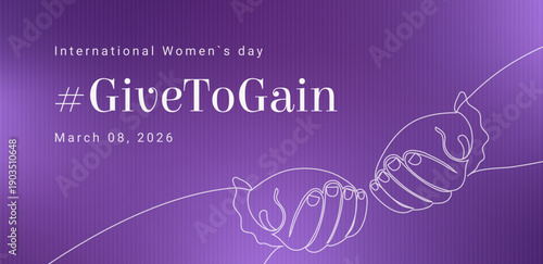 Give to Gain International Women's Day 2026 8 March minimalist purple banner template with typography. GivetiGain background with line pose hands. Vector cover poster wallpaper.
