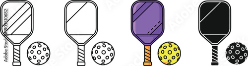 Pickleball Paddle and Ball Icon Set Showing Outline Solid and Color Styles for Sports Equipment Illustration Game Branding and Infographic Design Use