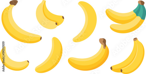 Banana vector set isolated on transparent background. Golden banana illustrations in flat style. Fresh tropical fruit collection.