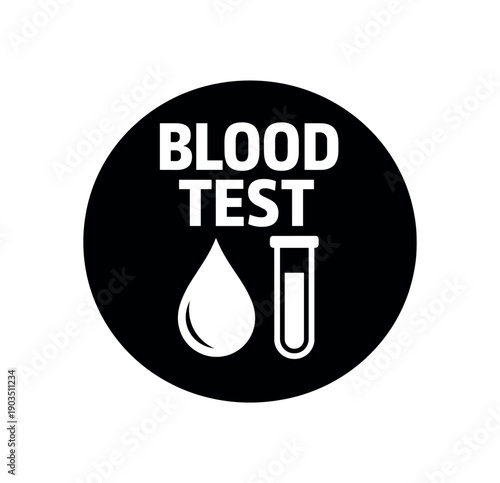 Flat vector badge BLOOD TEST simple white blood droplet with test tube