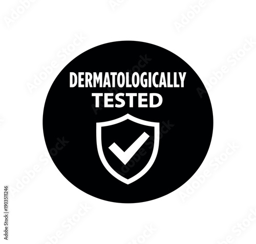 Flat vector badge DERMATOLOGICALLY TESTED simple white shield with checkmark scalable SVG look