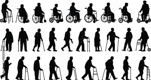 Silhouettes of elderly people using various mobility aids and wheelchairs in different positions and activities