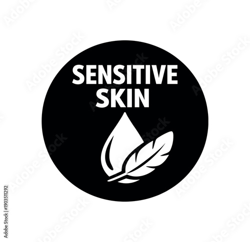 Flat vector badge SENSITIVE SKIN simple white droplet with feather scalable SVG look