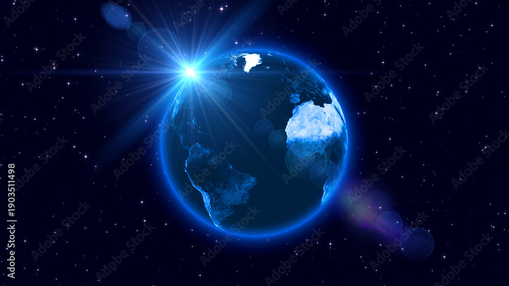 Obraz premium earth planet orbit and shiny stars space and blue light rays, galaxy and univers night sky ,science and technology social media background