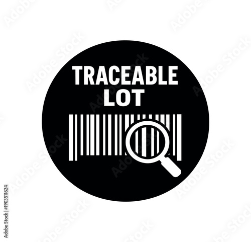 Flat vector badge TRACEABLE LOT simple white barcode with magnifier