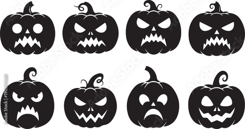 Collection of spooky black pumpkin faces for Halloween decorations