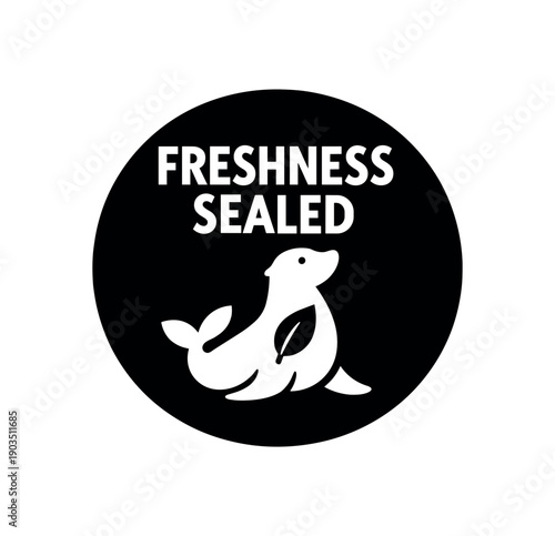 Flat vector badge FRESHNESS SEALED simple white seal with leaf