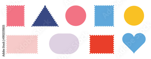 Colorful postage stamp vector shapes, showcasing jagged geometric edges in hearts, polygons, and circles for decorative stickers, labels, and badges.