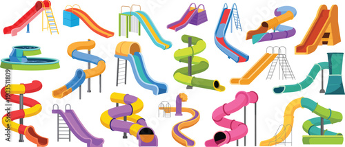 Colorful cartoon water slides and playground equipment, amusement park fun, spiral and straight slides for kids summer activity illustrations