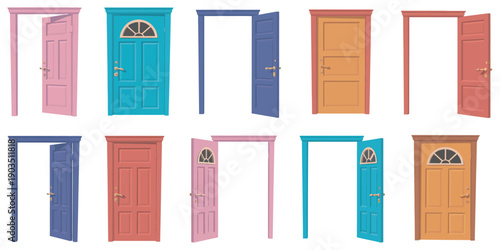 Open And Closed Door Collection Set, Cartoon Entrance Exit Doors With Handles Frames Home Exterior Architecture Vector Illustration Design