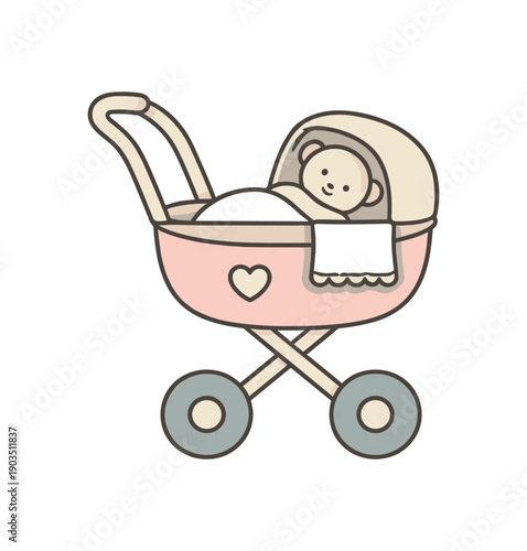 minimal stock vector icon flat clipart muted pastel colors low saturation low contrast simple geometric shapes clean edges consistent proportions minimal facial features doll stroller with