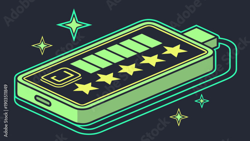 Fully Charged Battery Icon with Five Gold Stars and Green Glow