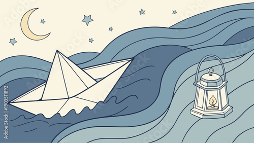 A serene paper boat on wavy sea under a starry night sky with a lantern