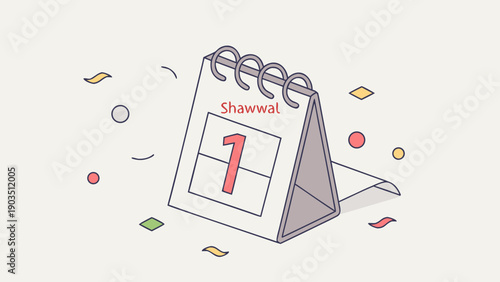 Shawwal Calendar Page with Celebratory Confetti and Date 1