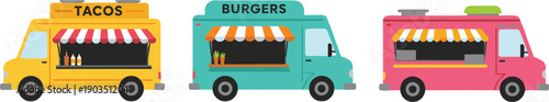 Colorful food truck vector set with taco, burger, and street food trucks, perfect for fast food, festival, or branding designs